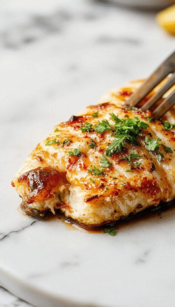 Brightly colored roasted red and yellow peppers served over flaky tilapia fillets on a rustic white plate, garnished with fresh herbs and drizzled with a vibrant roasted pepper sauce, with a backdrop of a wooden table and fresh ingredients.