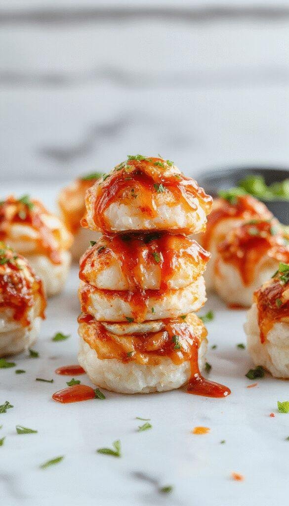 Colorful shrimp sushi stacks featuring vibrant orange and pink shrimp layered with green avocado and white rice, garnished with sesame seeds and a drizzle of spicy sauce on a sleek white plate, styled with fresh herbs and chopsticks.