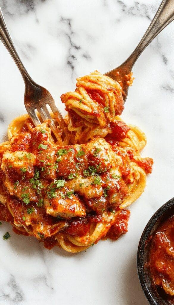 A comforting baked chicken spaghetti dish topped with melted cheese and sprinkled with herbs, served in a rustic casserole dish.