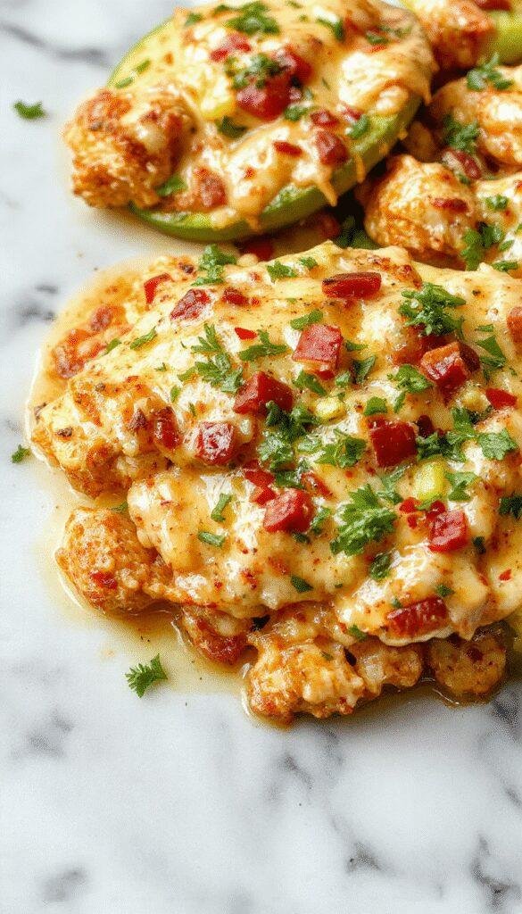 A vibrant skillet plate featuring juicy grilled chicken topped with melted cheddar and Monterey Jack cheese, colorful bell peppers, red onions, and fresh cilantro, all cooked to golden perfection with a sprinkle of spices, presented on a rustic wooden table with a side of lime wedges and warm tortillas.