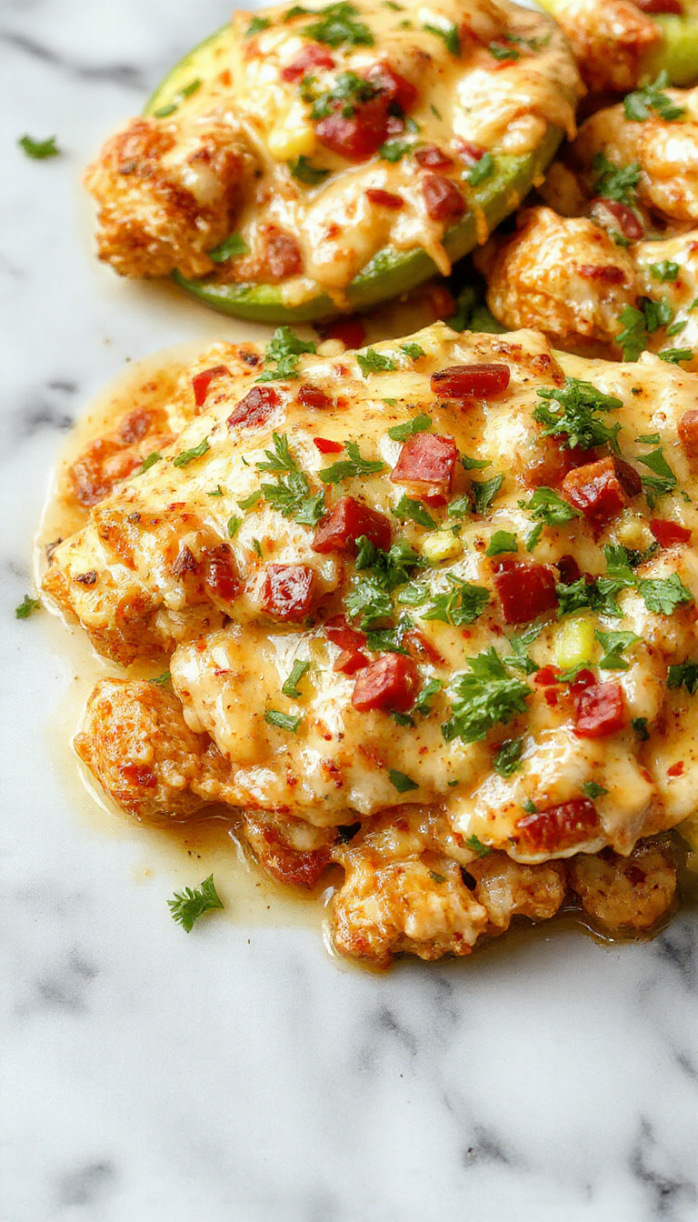 A vibrant skillet plate featuring juicy grilled chicken topped with melted cheddar and Monterey Jack cheese, colorful bell peppers, red onions, and fresh cilantro, all cooked to golden perfection with a sprinkle of spices, presented on a rustic wooden table with a side of lime wedges and warm tortillas.