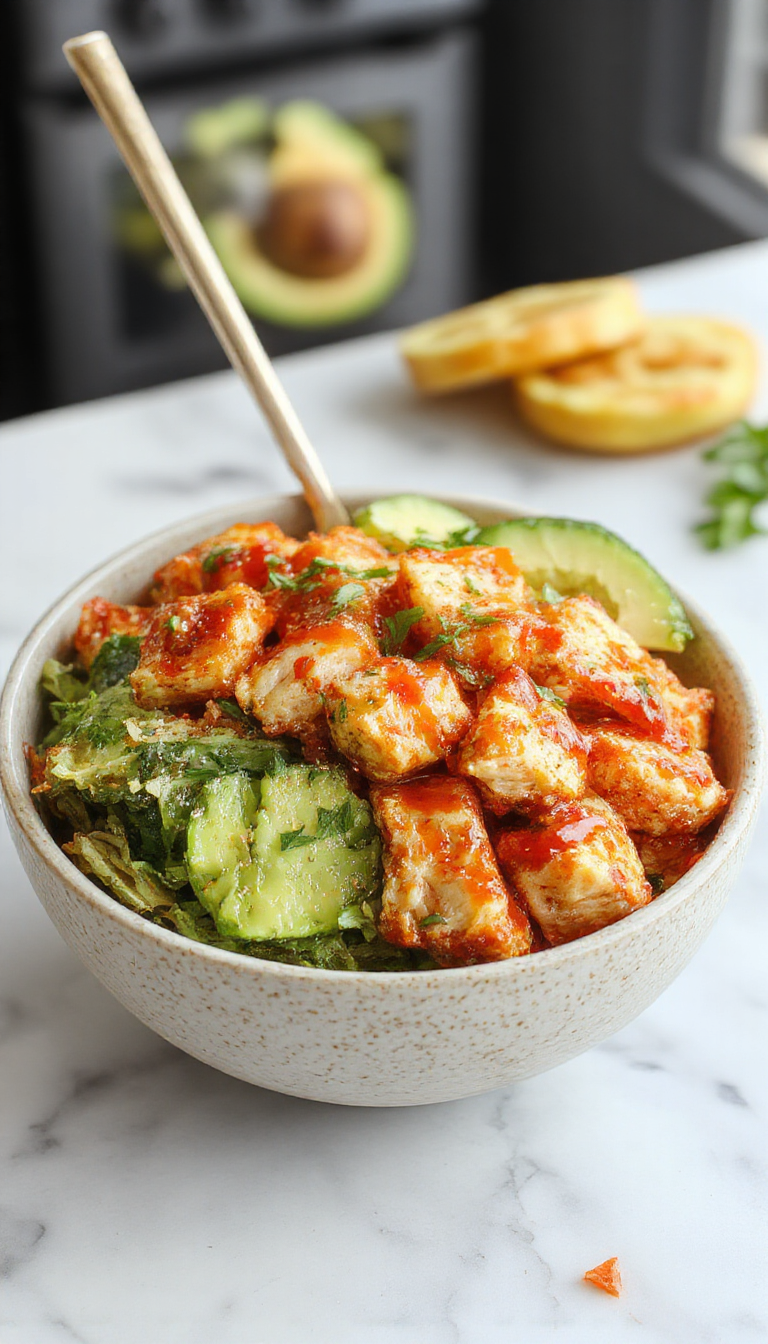 Colorful Spicy Sriracha Chicken Power Bowl with grilled chicken, fresh vegetables, rice, and a drizzle of Sriracha sauce.
