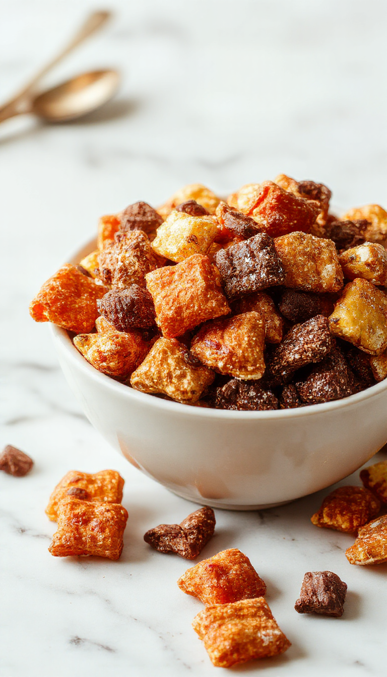 A festive Halloween snack mix featuring colorful candy, pretzels, popcorn, and themed sprinkles in a spooky Halloween setting.