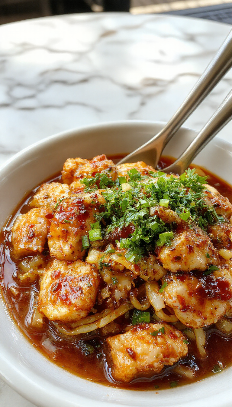 A vibrant plate of sticky garlic chicken noodles featuring glossy, caramelized chicken pieces atop a bed of sesame-coated noodles, garnished with chopped green onions and sesame seeds, with a rich garlic sauce glistening in the light, styled on a rustic wooden table with fresh ingredients around.