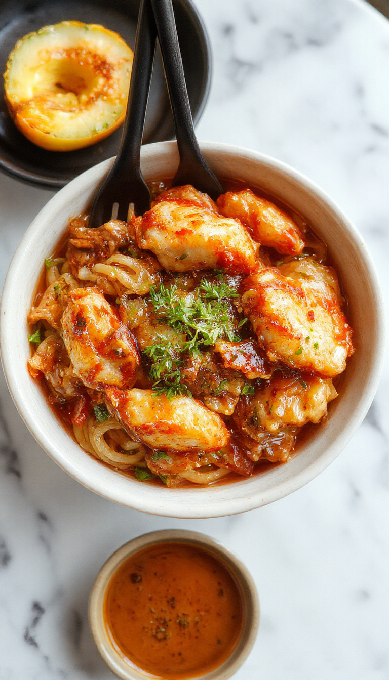 A vibrant plate of sticky garlic chicken noodles showcasing glossy, caramelized chicken pieces tossed with soft, golden noodles. Garnished with chopped scallions and sesame seeds, the dish is presented on a white ceramic plate with a rustic wooden background, highlighting the rich golden-brown chicken and colorful fresh herbs.