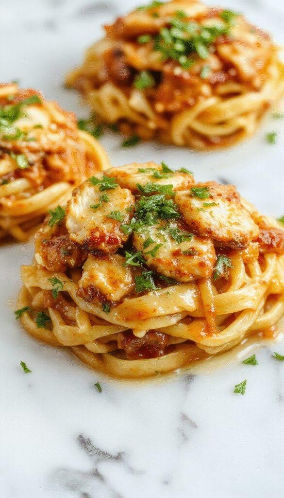 A vibrant plate featuring glossy, golden-brown garlic chicken pieces atop colorful stir-fried noodles garnished with chopped scallions and sesame seeds, with a glossy glaze and herbs sprinkled around, styled on a rustic wooden table with fresh ingredients in the background.
