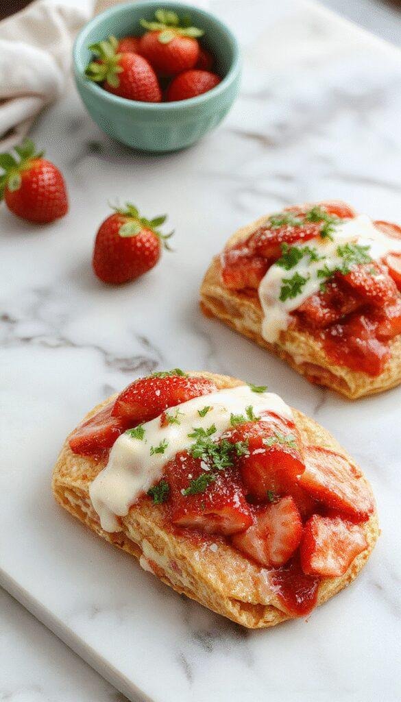 A vibrant plate of strawberry crunch cheesecake tacos showcasing crispy taco shells filled with creamy cheesecake and topped with fresh strawberries and crunchy topping.