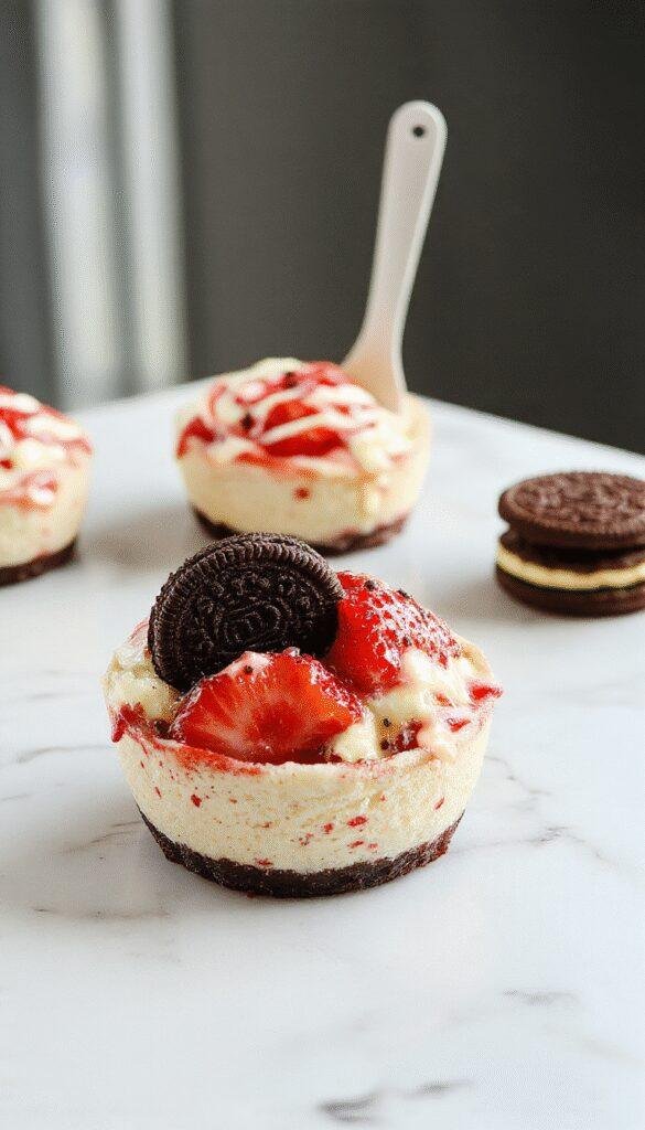 A close-up of a clear glass cup filled with vibrant pink strawberry cheesecake mixture, topped with crushed Oreo cookies and fresh strawberry slices, garnished with mint leaves. The creamy texture contrasts with the crunchy Oreo crumbs, set against a soft pastel background with a hint of dessert elegance.