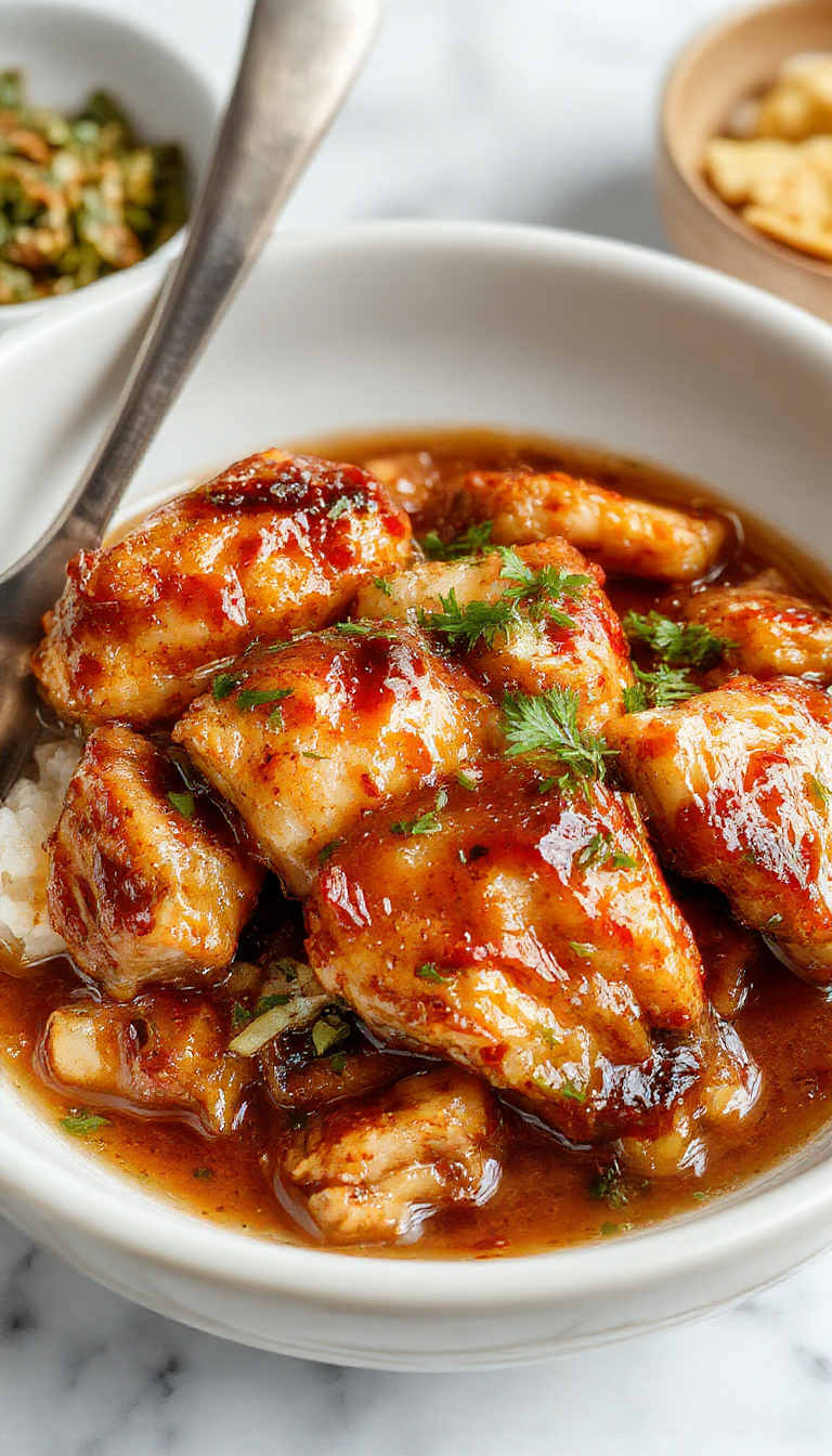 A vibrant plate featuring golden caramelized soy chicken glistening with sauce, surrounded by aromatic garlic and ginger broth, served atop fluffy white rice, garnished with fresh herbs and sesame seeds, with a backdrop of rustic wooden table and warm ambient lighting.