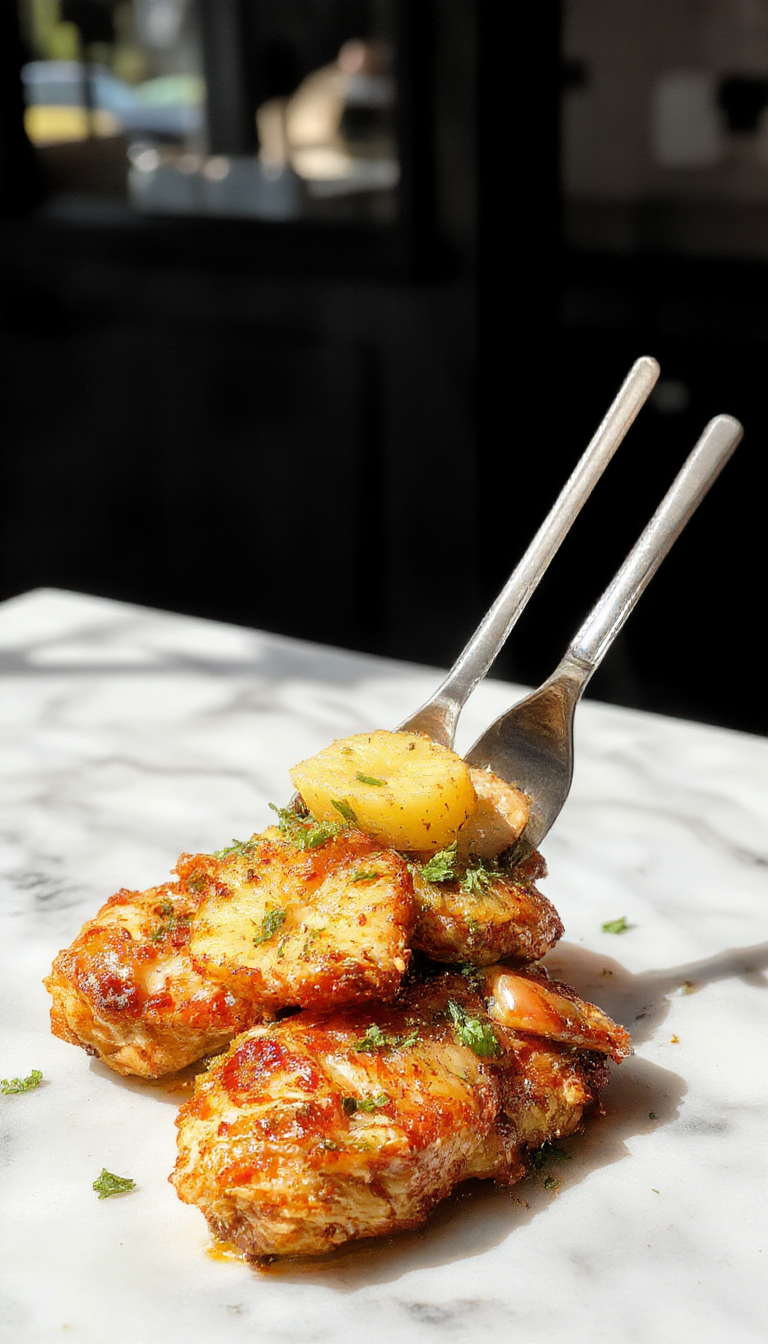 A vibrant plate of Sweet & Savory Golden Pineapple Chicken featuring golden-brown chicken pieces topped with juicy pineapple chunks and fresh herbs, served with colorful vegetables.