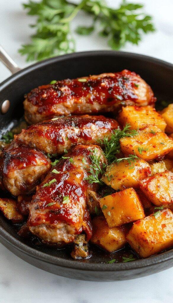 A vibrant skillet featuring golden roasted sweet potatoes topped with grilled sausage slices, glazed with honey garlic sauce, garnished with fresh herbs.