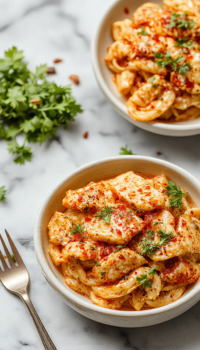 A vibrant plate of Sweet & Spicy Honey Pepper Chicken Pasta topped with fresh herbs, showcasing tender chicken, colorful bell peppers, and a glossy honey sauce.