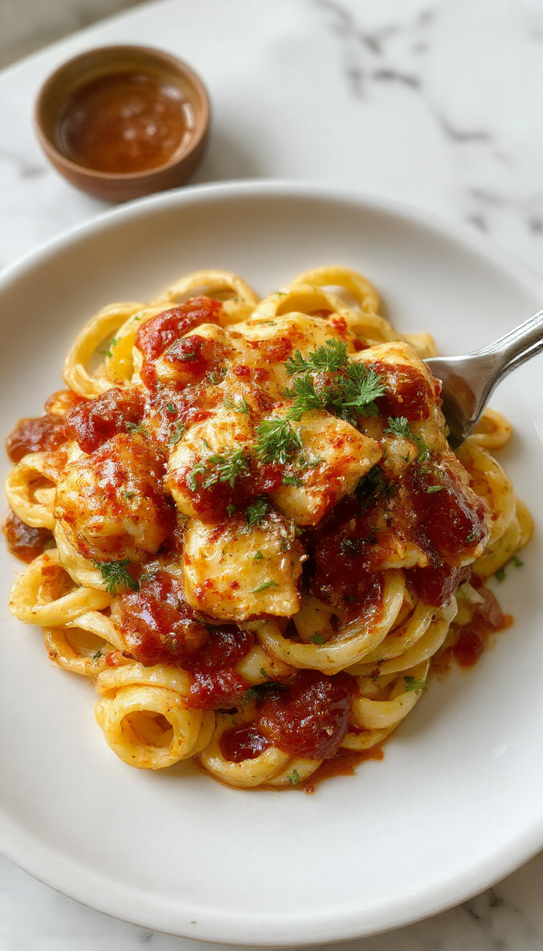 A vibrant plate of Sweet & Spicy Honey Pepper Chicken Pasta garnished with fresh herbs, showcasing tender chicken pieces, colorful peppers, and swirled pasta coated in glossy sauce.