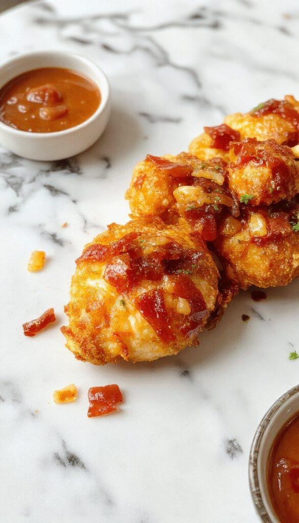 A vibrant plate of golden-brown chicken tenders glazed with a shiny, caramelized brown sugar and crispy bacon topping, styled on a rustic wooden table with fresh herbs and a drizzle of sauce, colorful background highlighting the crispy texture and glossy finish.
