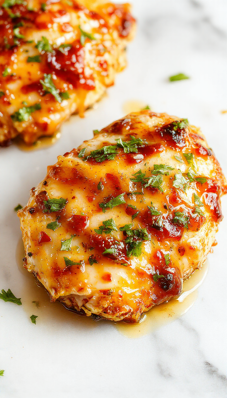 A close-up of glistening honey garlic chicken breasts plated on a white dish, topped with fresh chopped herbs, with a drizzle of honey and visible garlic cloves, surrounded by colorful vegetables and lemon slices, styled elegantly with a rustic wooden background.