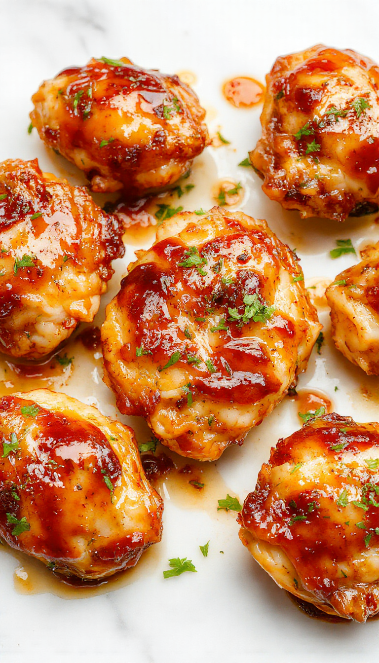 A close-up image of perfectly cooked honey garlic chicken thighs plated elegantly on a rustic wooden table. The chicken has a glossy, caramelized exterior with visible garlic slices and a drizzle of honey. Garnished with fresh herbs, the dish showcases a golden-brown color contrast with vibrant green herbs and a drizzle of sticky sauce, styled with minimalistic, rustic dinnerware.