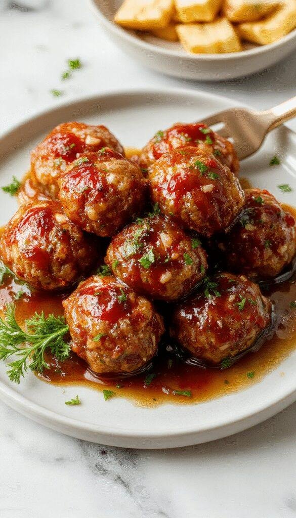 Colorful close-up of golden honey garlic turkey meatballs arranged on a white plate, garnished with fresh herbs, with a glossy glaze highlighting their juicy texture, surrounded by garlic cloves and honey drizzles, styled on a rustic wooden table.