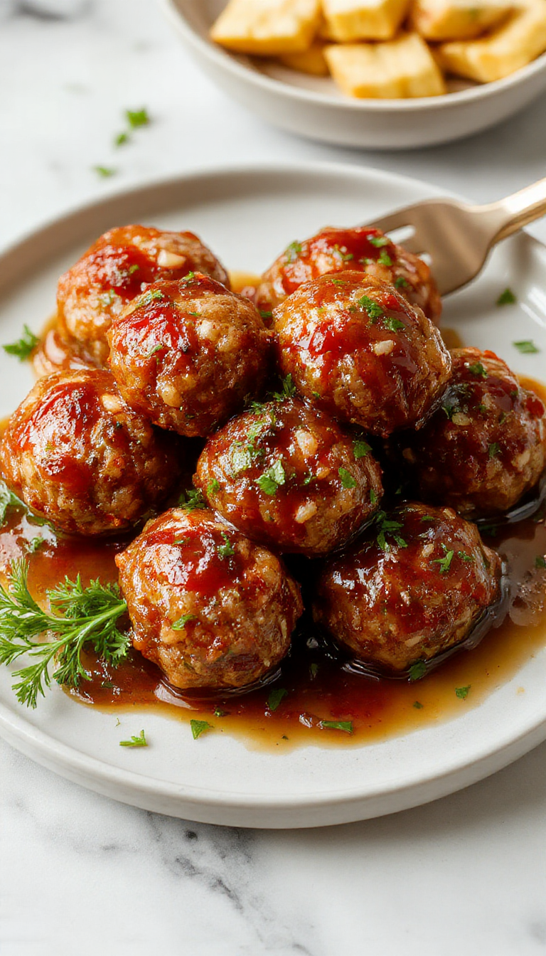 Colorful close-up of golden honey garlic turkey meatballs arranged on a white plate, garnished with fresh herbs, with a glossy glaze highlighting their juicy texture, surrounded by garlic cloves and honey drizzles, styled on a rustic wooden table.