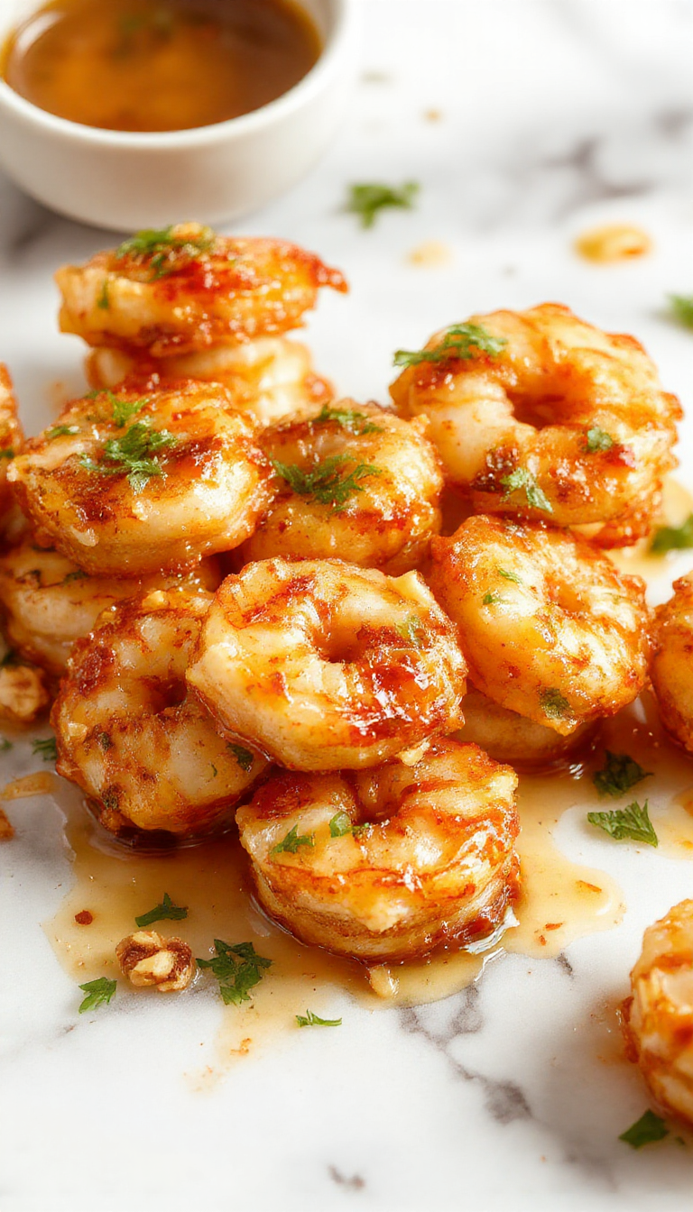 A vibrant plate of honey walnut shrimp featuring golden-brown crispy shrimp glazed with a glossy honey sauce, topped with caramelized walnuts and garnished with fresh green herbs. The presentation highlights the crunchy texture of the shrimp contrasted with the shiny, sticky sauce, styled beautifully on a white plate with a colorful background for an appetizing look.