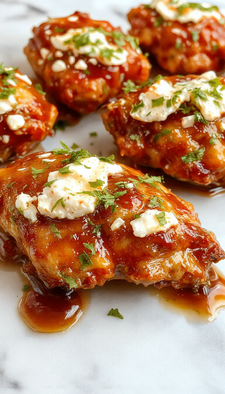 A close-up of a sizzling plate of hot honey feta chicken featuring golden-brown grilled chicken breasts topped with crumbled white feta cheese and drizzled with glossy amber hot honey. The dish is plated on a rustic wooden board with fresh herbs and lemon wedges for garnish, showcasing a vibrant mix of colors and textures.