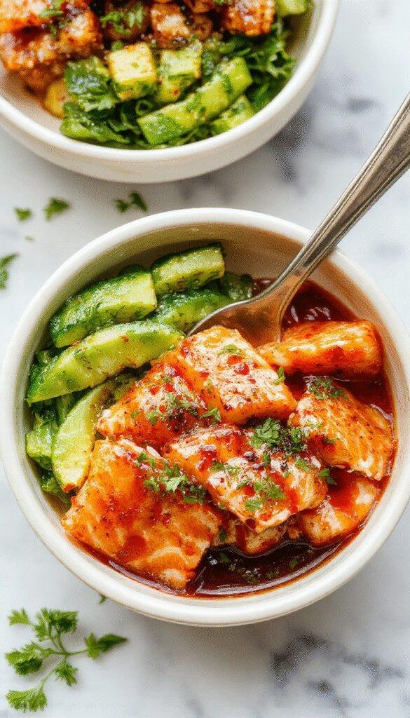 Colorful salmon bowls featuring glazed salmon fillets with a shiny honey Sriracha glaze, vibrant fresh vegetables, sesame seeds, and green herbs arranged on a white plate with a textured wooden background showcasing a casual yet elegant presentation.