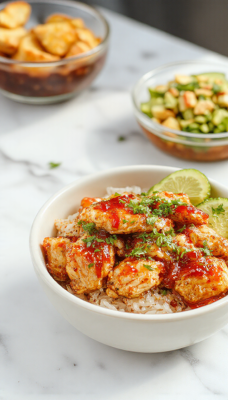 A vibrant chicken bowl featuring golden-brown crispy chicken pieces drizzled with glossy hot honey sauce, garnished with fresh herbs and served over a bed of colorful vegetables and grains, with a rustic wooden background.