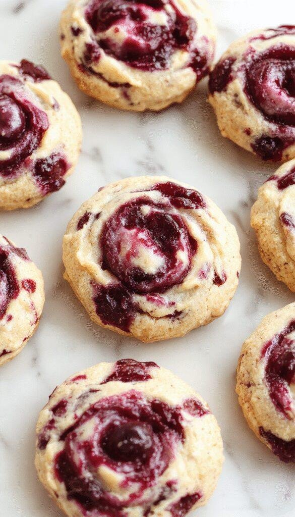 Freshly baked Swirled Blueberry Cheesecake Cookies on a white plate, showcasing their vibrant blueberry swirls and creamy texture.
