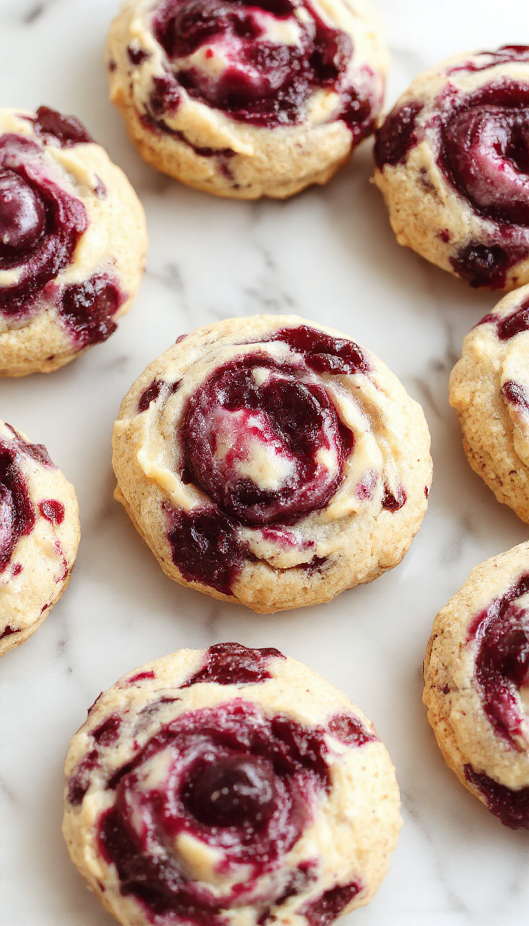 Freshly baked Swirled Blueberry Cheesecake Cookies on a white plate, showcasing their vibrant blueberry swirls and creamy texture.