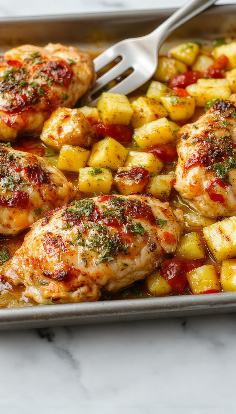 Colorful sheet pan Hawaiian chicken dish featuring golden-brown chicken thighs topped with pineapple chunks, red and yellow bell peppers, and green herbs. The dish is beautifully plated on a rustic wooden table with vibrant peppers and caramelized pineapple, showcasing a balanced mix of textures and bright colors.