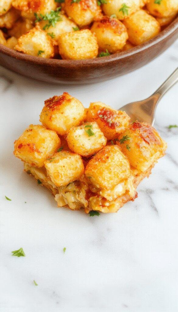 A hearty Tater Tot Casserole in a baking dish topped with golden crispy tater tots and melted cheese, garnished with herbs.