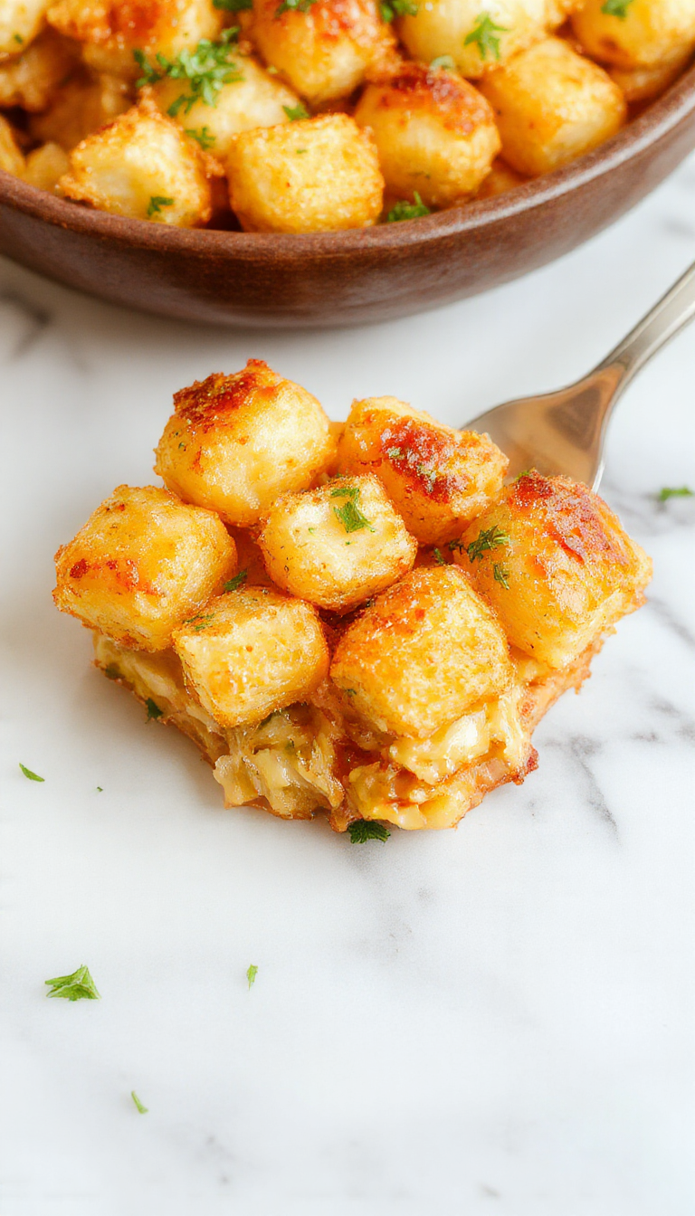 A hearty Tater Tot Casserole in a baking dish topped with golden crispy tater tots and melted cheese, garnished with herbs.