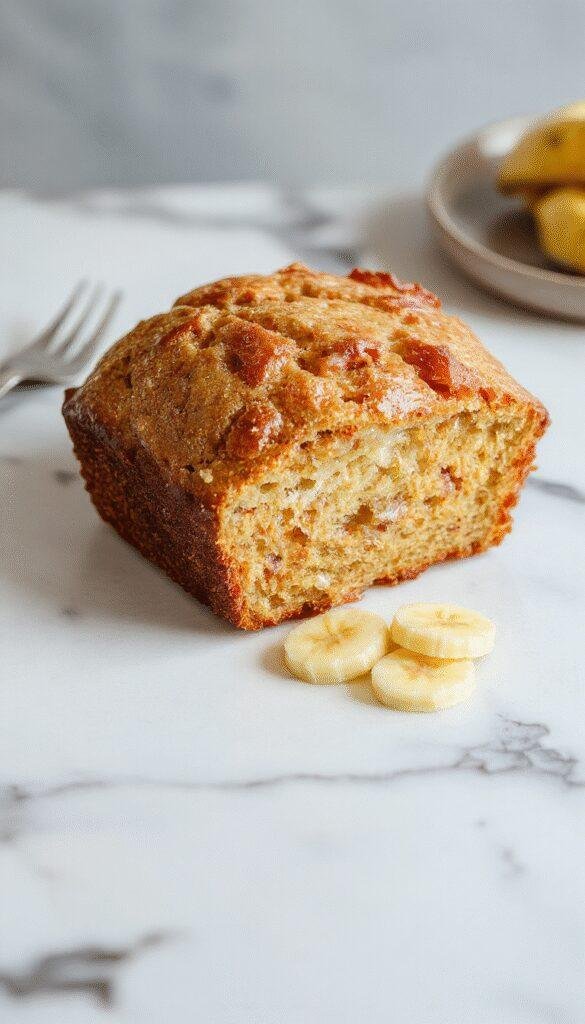 A sliced moist banana bread loaf with a golden crust, revealing a tender, banana-filled interior topped with a sprinkle of nuts.