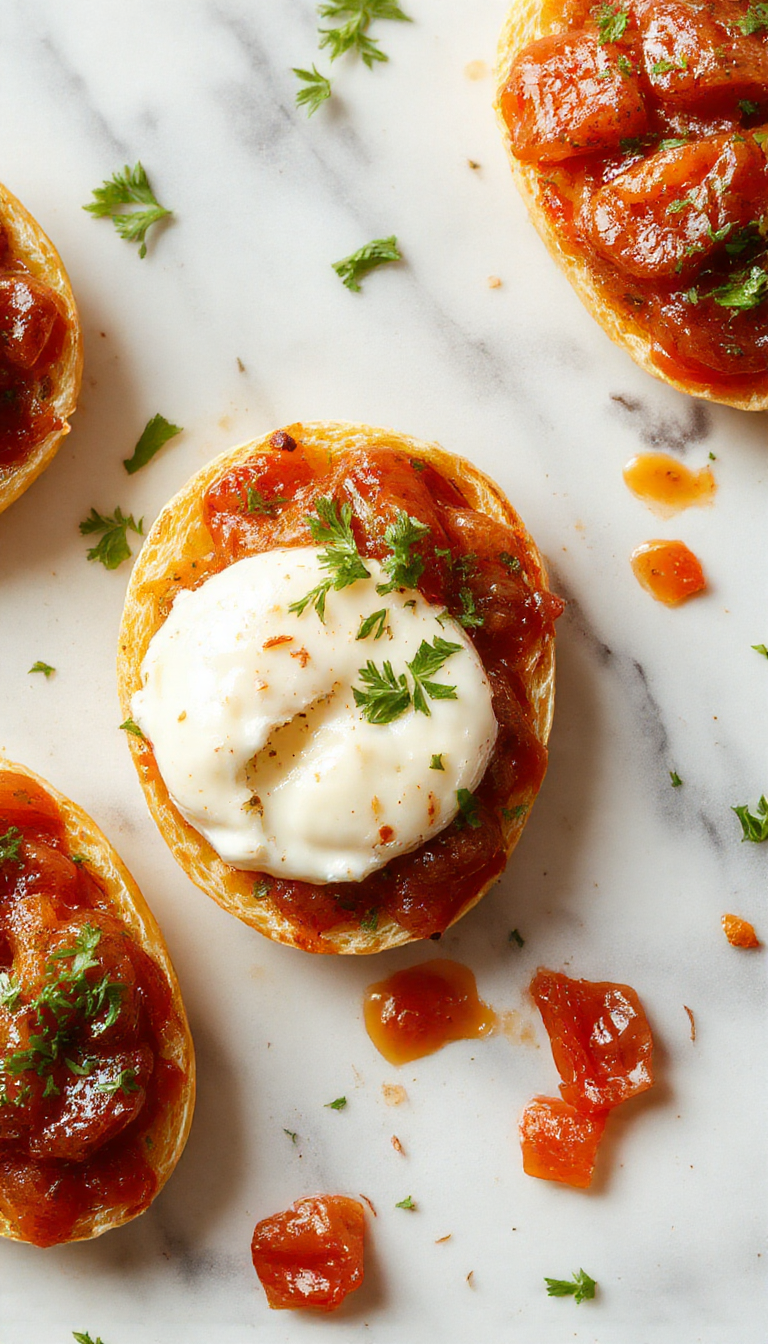 A close-up of a rustic wooden platter featuring toasted baguette slices topped with creamy burrata cheese, cherry tomatoes, fresh basil leaves, and a drizzle of balsamic glaze.