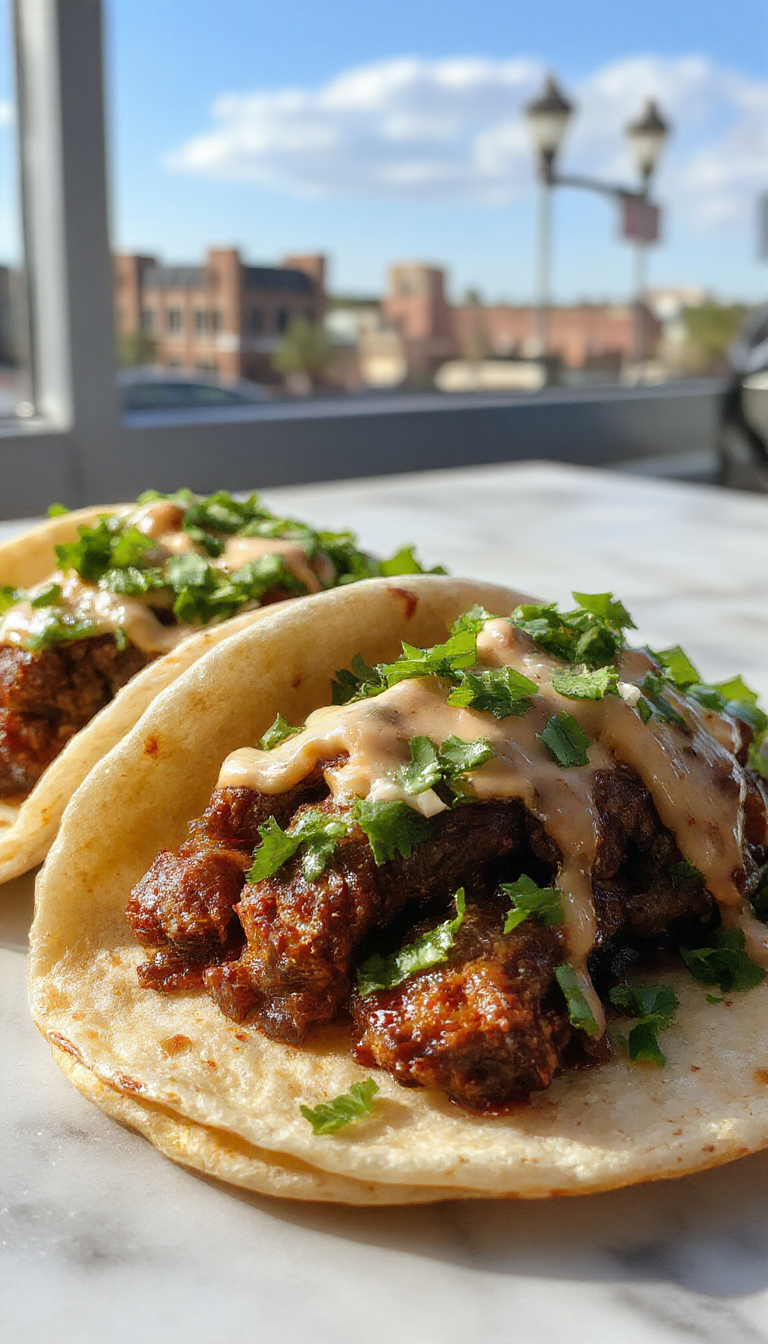 A plate of vibrant Beef Birria Tacos garnished with fresh cilantro and chopped onions, with a side of rich beef broth and lime wedges.
