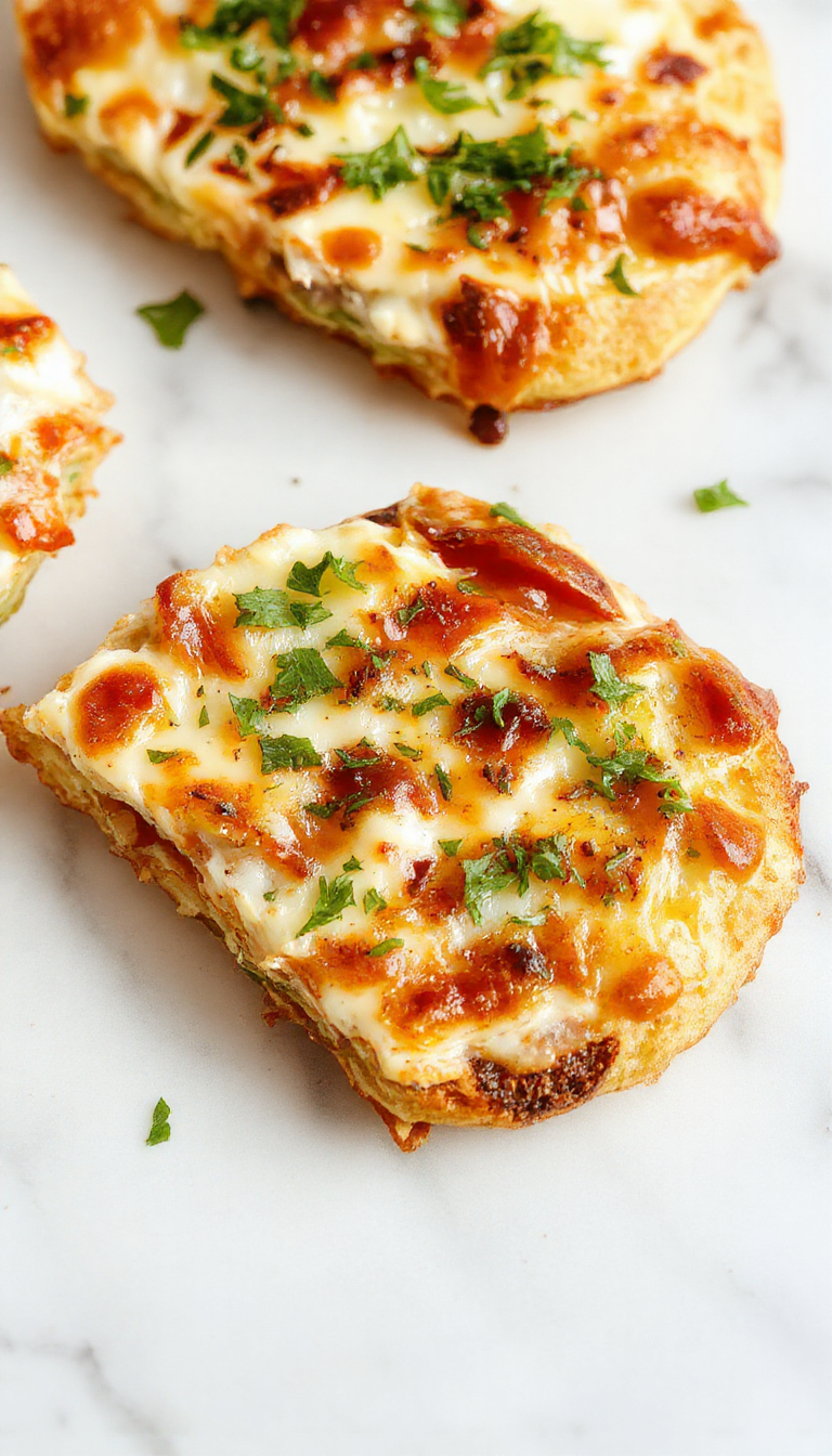 A close-up of a golden-brown cottage cheese flatbread topped with fresh herbs and vegetables, served on a rustic wooden plate.