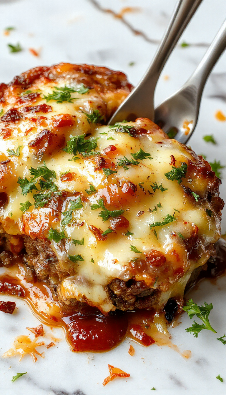 A delicious low-carb cheeseburger bake in a baking dish, topped with melted cheese, bacon bits, and fresh herbs, served alongside a crisp salad.