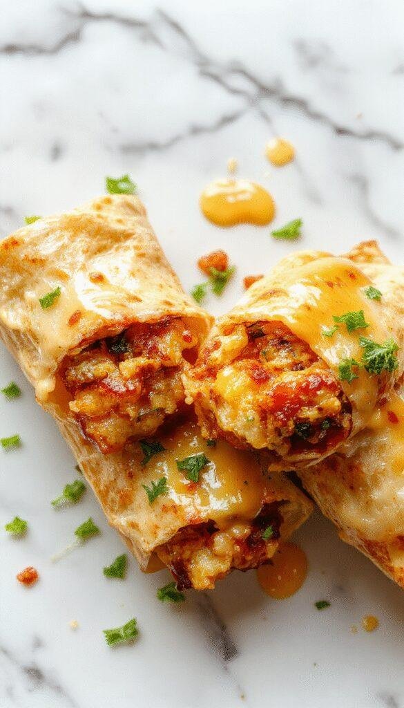 Close-up of cheesy garlic chicken wraps with melted cheese, crispy edges, and fresh herbs garnished on a plate.