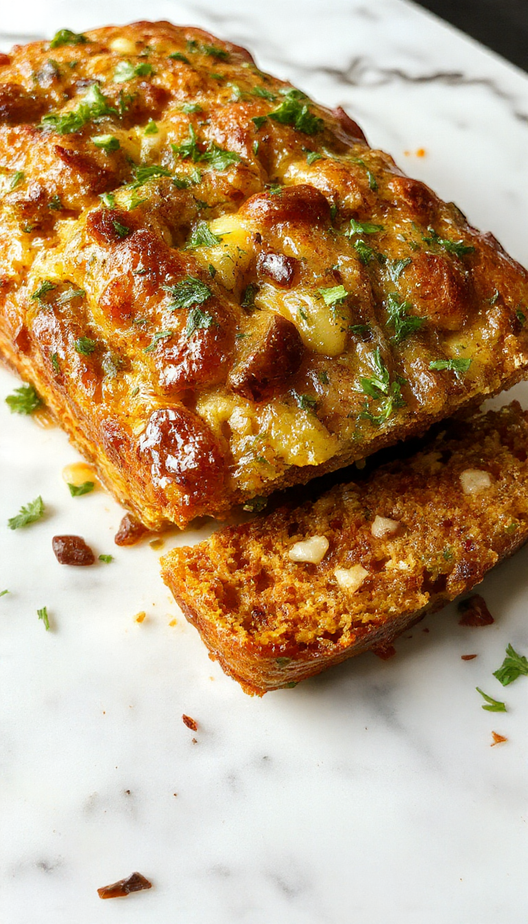 A freshly baked zucchini loaf sliced on a rustic wooden board, showcasing its moist texture with green zucchini flecks and a golden crust.
