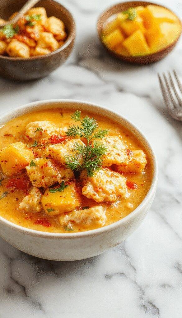 A vibrant plate of mango chicken curry featuring tender chicken pieces coated in a creamy, golden sauce with bright orange mango chunks, garnished with fresh cilantro and served over fragrant jasmine rice. The dish is beautifully plated with colorful ingredients contrasting against a rustic wooden table, evoking a warm, tropical ambiance.