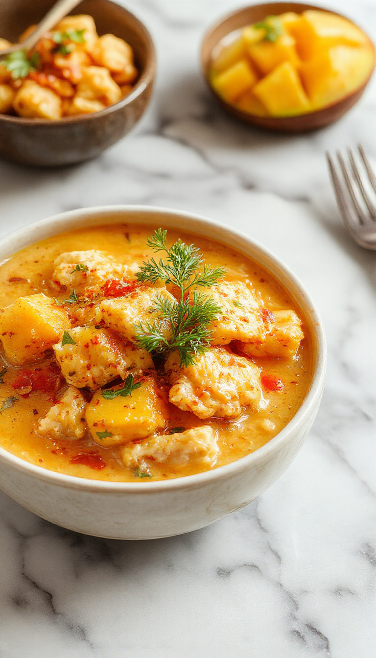 A vibrant plate of mango chicken curry featuring tender chicken pieces coated in a creamy, golden sauce with bright orange mango chunks, garnished with fresh cilantro and served over fragrant jasmine rice. The dish is beautifully plated with colorful ingredients contrasting against a rustic wooden table, evoking a warm, tropical ambiance.