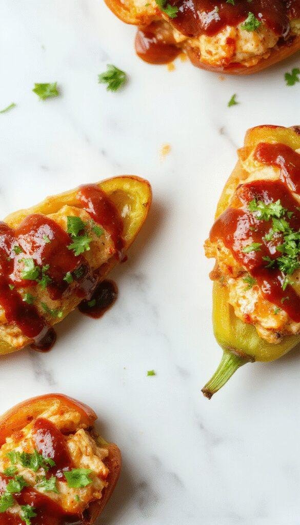 Colorful stuffed peppers filled with juicy teriyaki chicken, garnished with chopped green onions and sesame seeds on a vibrant plate.