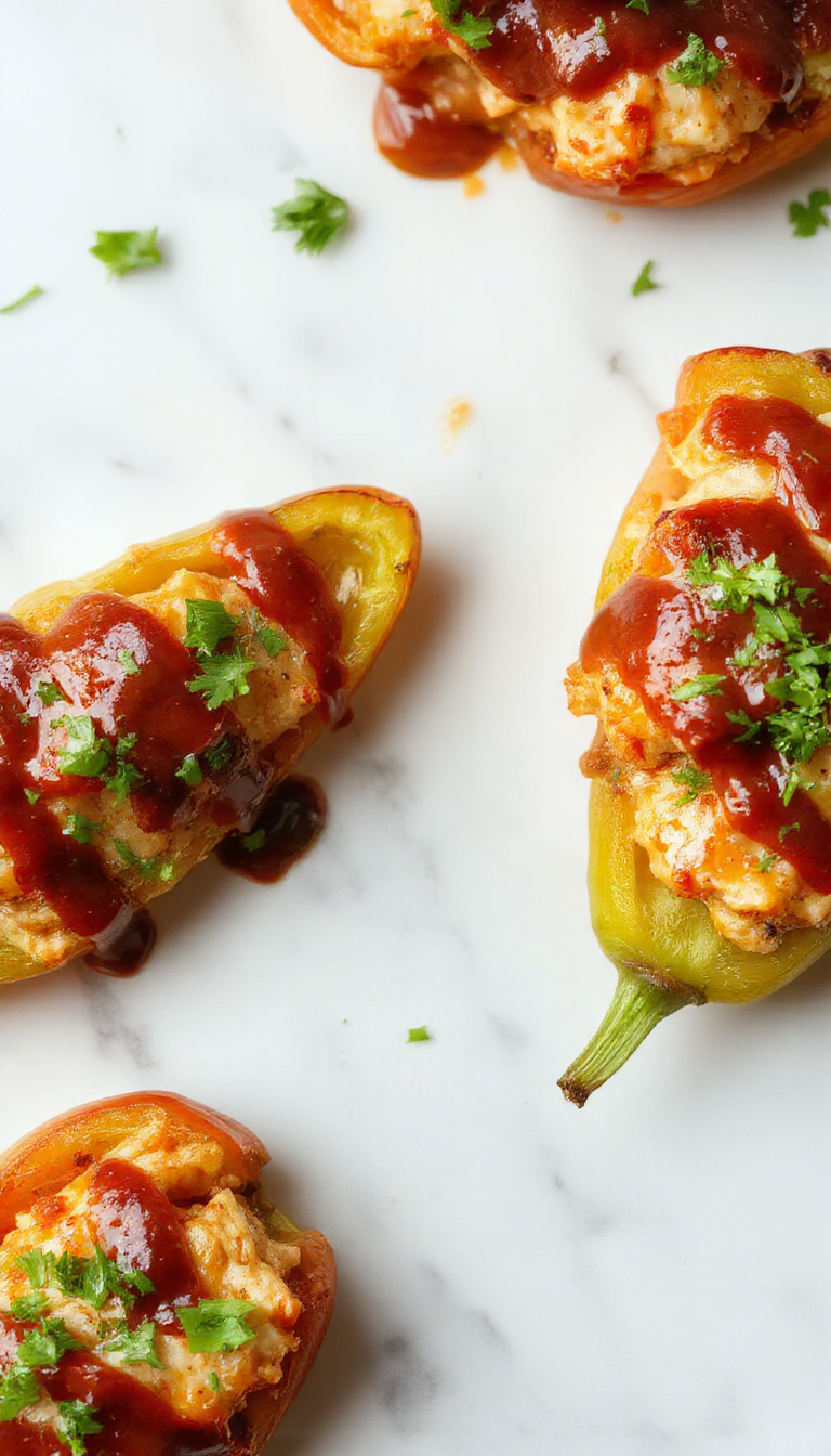 Colorful stuffed peppers filled with juicy teriyaki chicken, garnished with chopped green onions and sesame seeds on a vibrant plate.