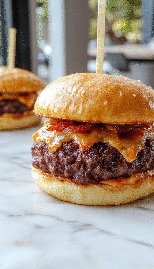 A close-up of two golden-brown cracked-open cheeseburgers topped with crispy bacon, fresh lettuce, tomato slices, and melted cheese, arranged on a rustic wooden platter with a side of crispy fries and condiments.