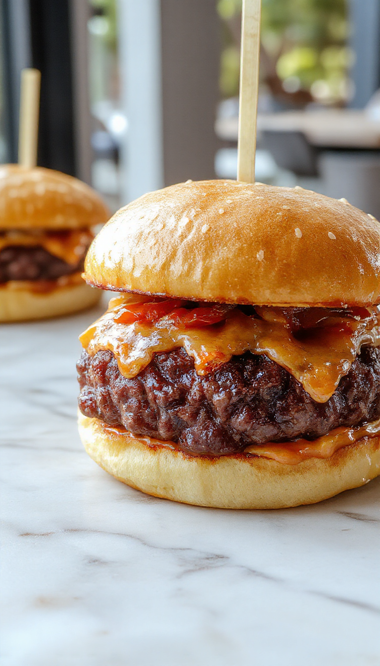 A close-up of two golden-brown cracked-open cheeseburgers topped with crispy bacon, fresh lettuce, tomato slices, and melted cheese, arranged on a rustic wooden platter with a side of crispy fries and condiments.