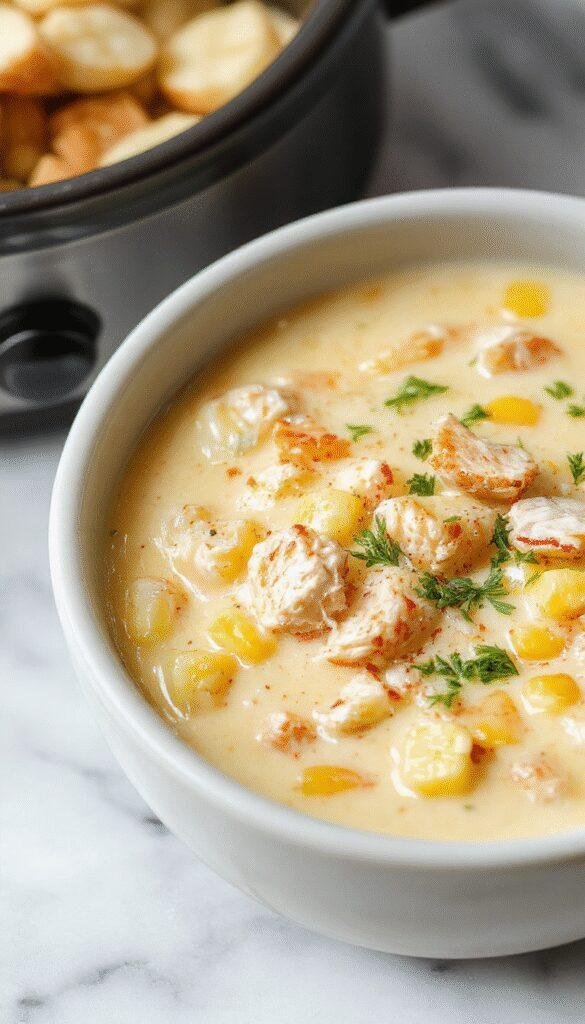 A vibrant bowl of chicken corn chowder featuring golden yellow corn, tender shredded chicken, and creamy broth topped with fresh herbs, served in a rustic white bowl on a wooden table with a spoon and bread on the side.