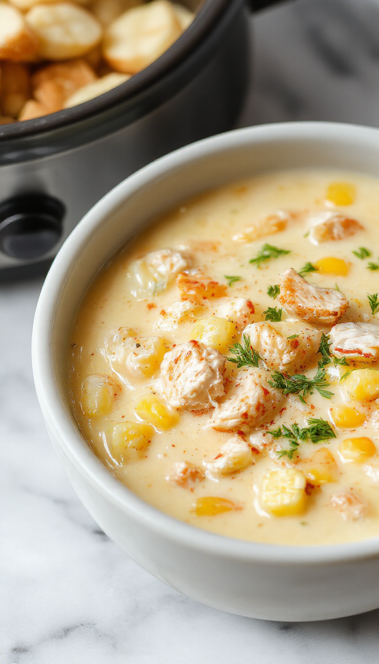 A vibrant bowl of chicken corn chowder featuring golden yellow corn, tender shredded chicken, and creamy broth topped with fresh herbs, served in a rustic white bowl on a wooden table with a spoon and bread on the side.