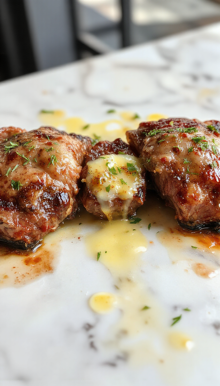 A perfectly cooked steak glazed with garlic butter sauce, garnished with fresh parsley, served on a rustic wooden platter with crispy edges and tender inside, accompanied by roasted vegetables. The vibrant golden butter and green herbs add appeal, highlighting the juicy texture and rich flavor.