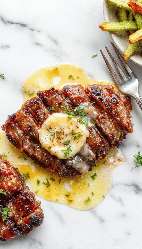 A perfectly cooked medium-rare steak topped with melted garlic butter, garnished with fresh parsley and served on a stylish white plate. The steak has a beautifully seared crust, with juices glistening and herbs visible in the butter, creating an inviting and mouth-watering presentation with a rustic background.