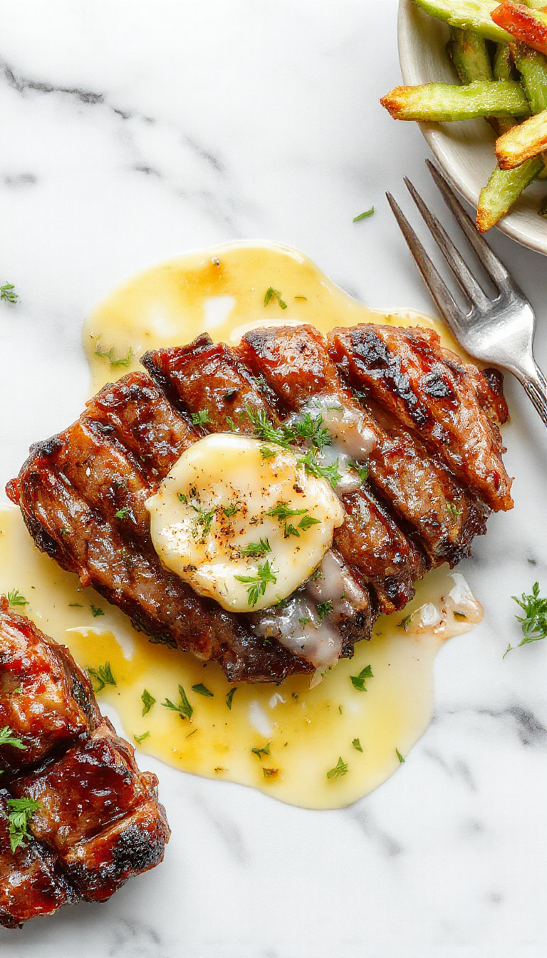 A perfectly cooked medium-rare steak topped with melted garlic butter, garnished with fresh parsley and served on a stylish white plate. The steak has a beautifully seared crust, with juices glistening and herbs visible in the butter, creating an inviting and mouth-watering presentation with a rustic background.