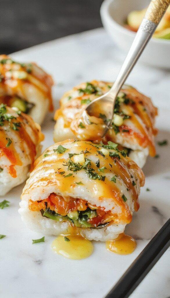Vibrant sushi bake displayed in a clear glass dish, topped with avocado slices, cooked seafood, and drizzled with spicy mayonnaise. The dish is garnished with chopped green onions and sesame seeds, with a background of fresh sushi ingredients and chopsticks, highlighting bright colors and textures.